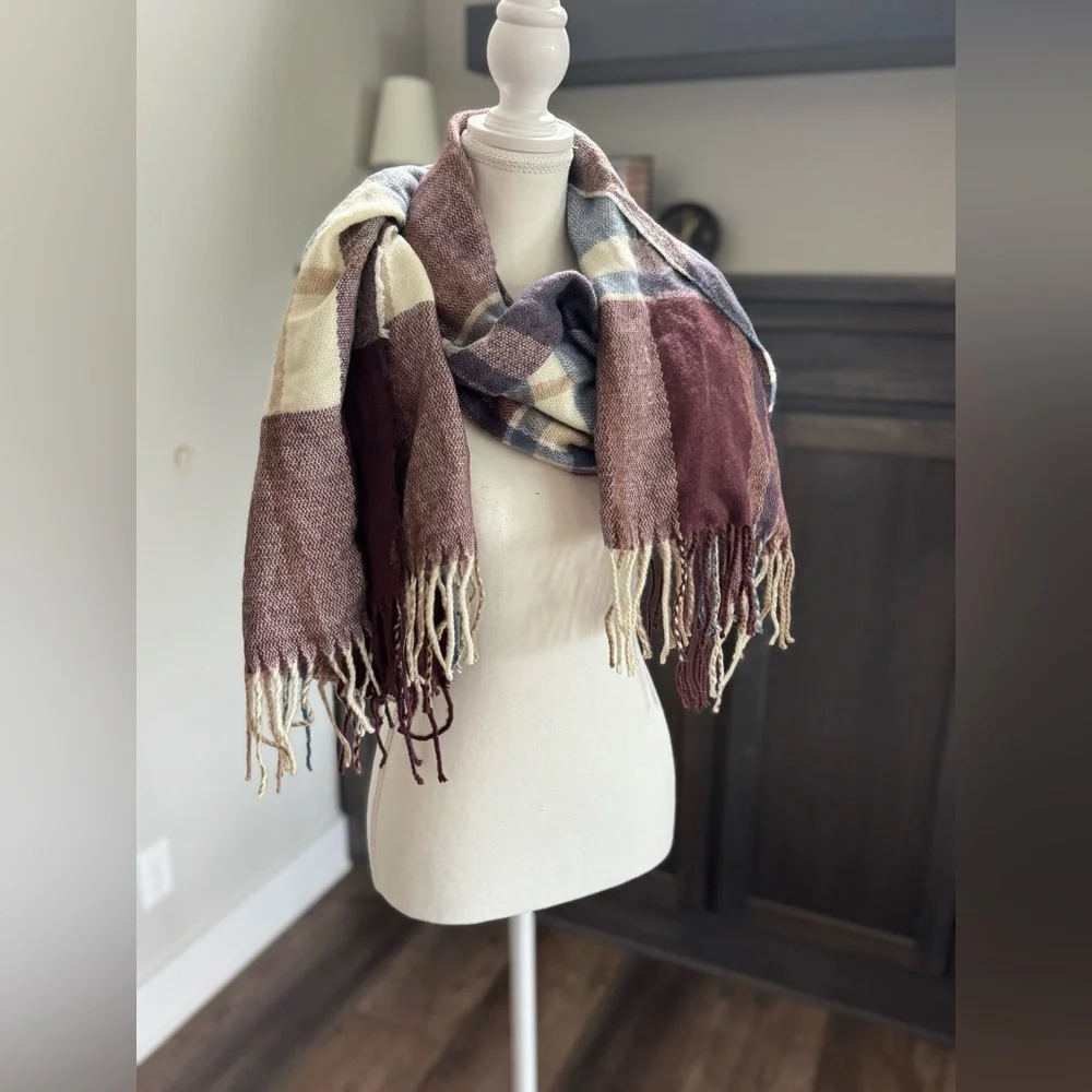 Plaid Fringe Scarf in Cream and Brown Maroon